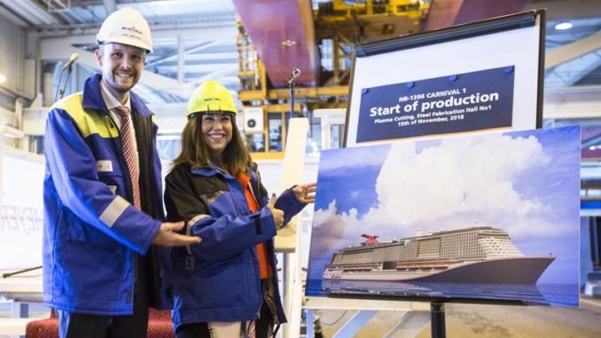 Meyer Turku CEO Jan Meyer und Reederei-Chefin Christine Duffy starteten den Bau des Schiffes. Foto: Carnival Cruise Line