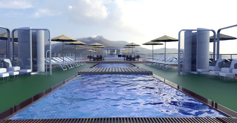 Auf dem Sonnendeck erwartet die Gäste ein großzügiger Pool. Grafik: A-ROSA Flussschiff GmbH