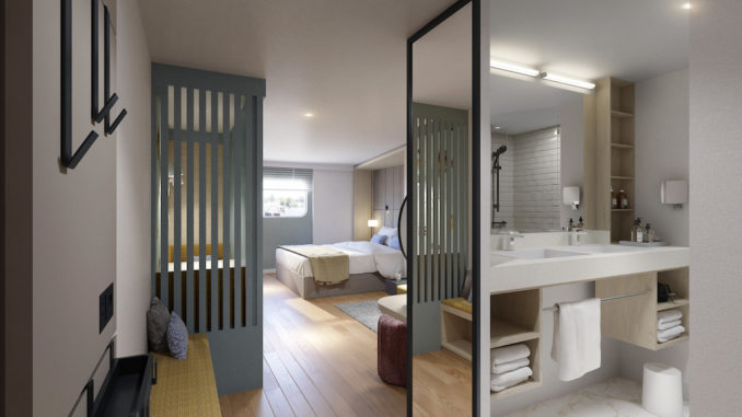 Zwei Waschbecken und ein separates WC – bei AROSA ist auch der Start in den Tag für Familien durchdacht. Grafik: A-ROSA Flussschiff GmbH