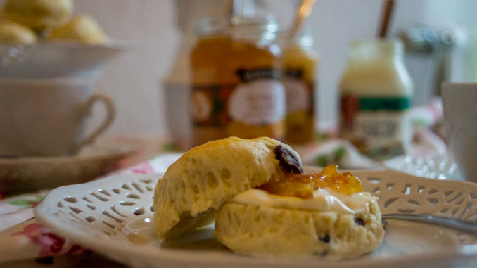 Zu den Scones gibt es bei uns Clotted Cream, Lemon Curd und Orangenmarmelade
